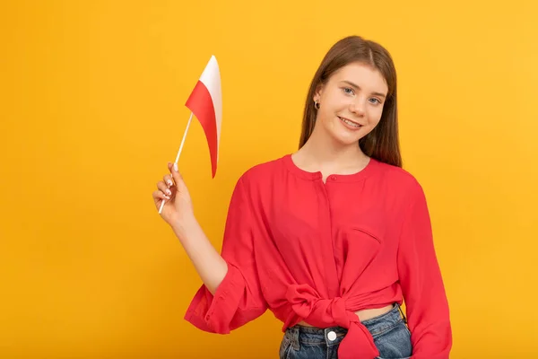 Teenage Girl Holds Flag Poland Portrait Orange Background Polish Flag — Stockfoto