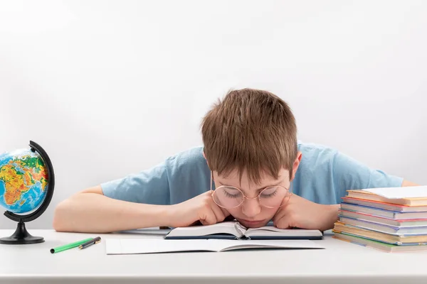 Child Tired Does Want Homework Teenage Boy Put Head Table — Stockfoto