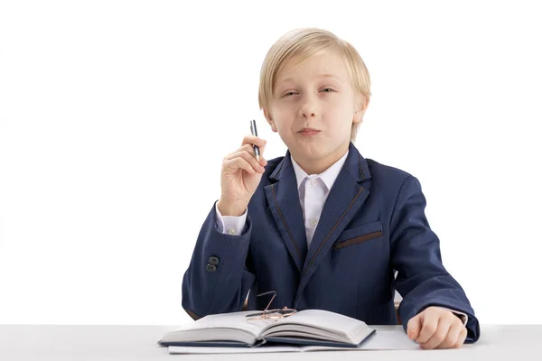 Portrait Smart Blond Schoolboy School Uniform Student Sits Table Book — Foto de Stock