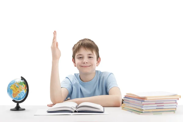 Straight Student Raised Hand Answer Teachers Question Portrait Schoolboy Desk — Stockfoto