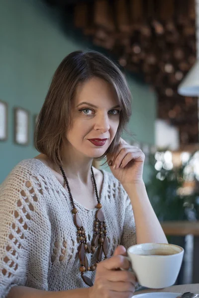 Portrait Beautiful Woman Drinks Coffee Cafe Portrait Brunette Girl Sits — стоковое фото