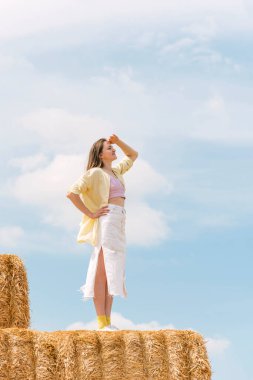 Young woman stands on high haystack and looks into the distance. Countryside holiday. Hay harvesting for the winter