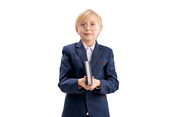 Boy School Uniform Glasses Textbook His Hands Isolation White Background — Stockfoto