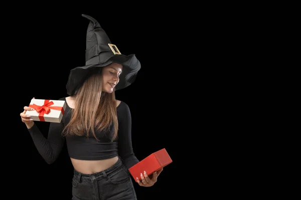 Happy Young Woman Pointed Witches Hat Opened Gift Hands Copy — Fotografia de Stock