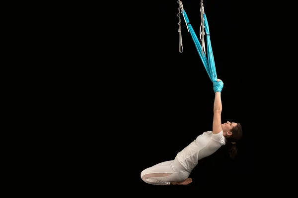 Young Woman Doing Aero Fitness Gymnastic Stretching Aerial Fly Yoga — 스톡 사진