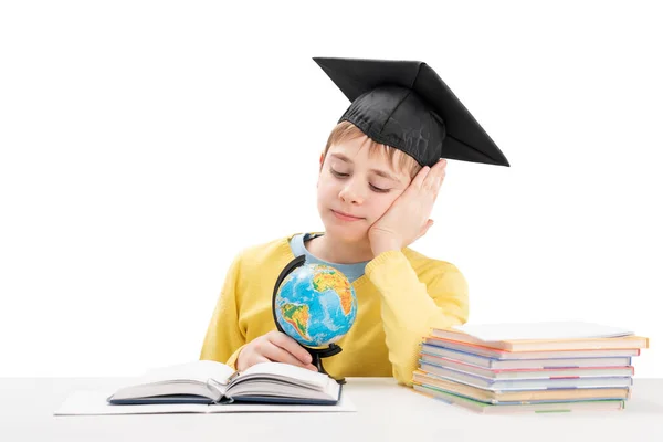 Bored Elementary Schoolboy Listen Teacher Boy Students Hat Holding Globe — Stockfoto