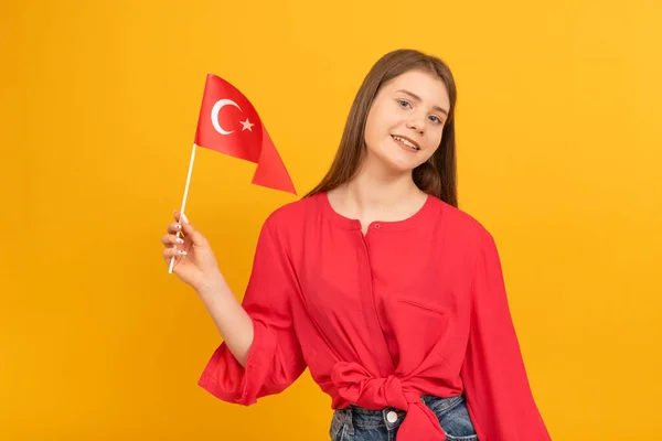 Cheerful Girl Turkish Flag Study Universities Turkey Immigration Turkey — 스톡 사진