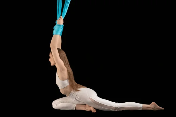 Young Girl Gymnast Sportswear Doing Stretching Aerial Flying Yoga Exercises — Stock fotografie