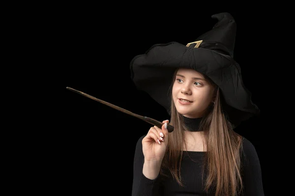 Cute Young Witch Pointed Hat Magic Wand Her Hands Isolated — Fotografia de Stock