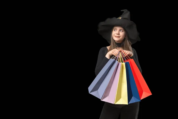 Young Woman Witchs Hat Holds Multi Colored Shopping Bags Copy — Stock Fotó