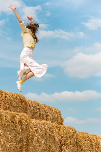 Woman While Jumping Big Haystack Girl Has Fun Jumps Hay — Stock fotografie