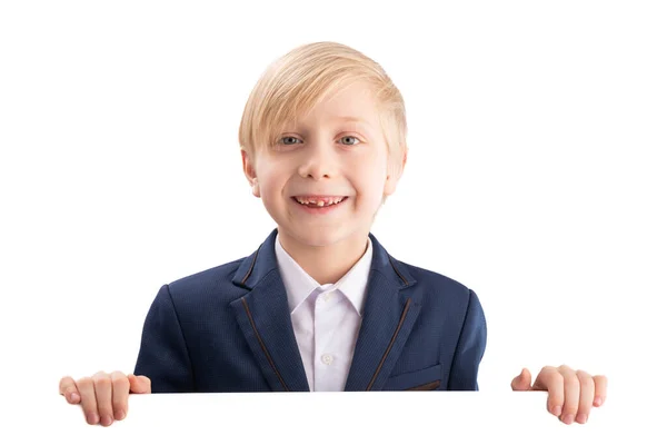 Cheerful Happy Blond Boy Peeking White Backdrop Schoolboy Advertising Your — Fotografia de Stock