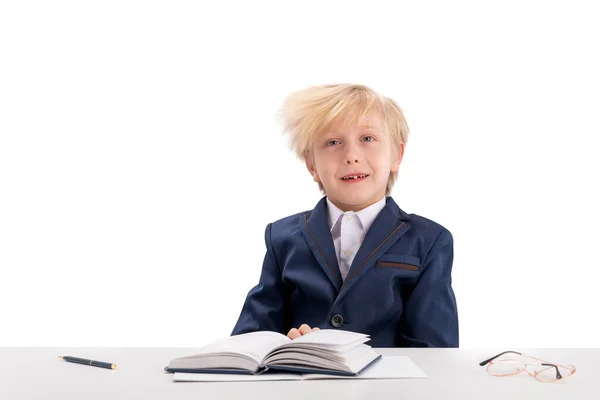 Fidget Schoolboy Tousled Hair Does His Homework Child School Uniform — Zdjęcie stockowe