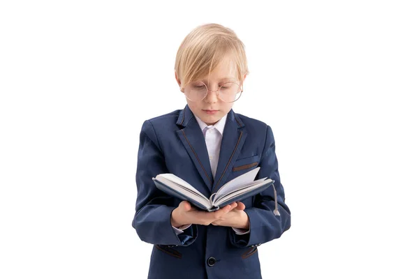 Schoolboy Big Glasses Looks Book Blond Boy School Uniform Reads — Zdjęcie stockowe