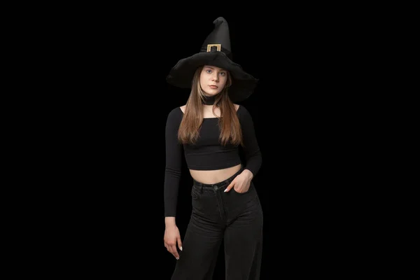 Portrait Young Girl Pointed Witch Hat Black Clothes Isolated Black — Fotografia de Stock