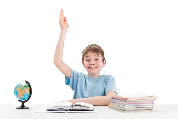 Smiling Clever Schoolboy Raised His Hand Lesson Excellent Student Knows — Fotografia de Stock