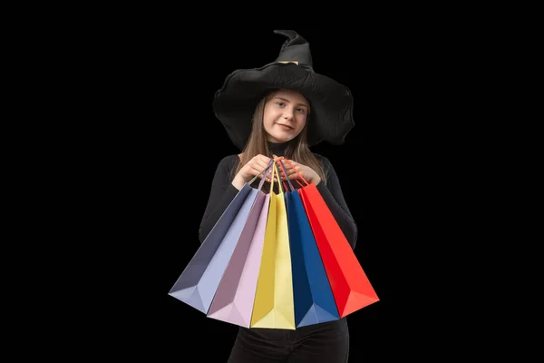 Portrait Young Woman Witchs Hat Holds Multi Colored Shopping Bags — Stock Fotó
