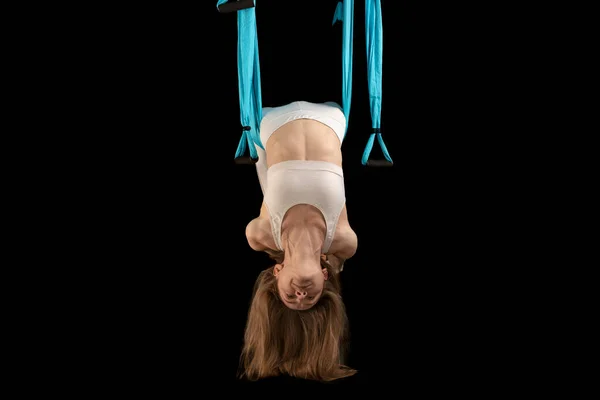 Young Woman Performing Antigravity Yoga Exercise Girl White Clothes Does — Stock fotografie