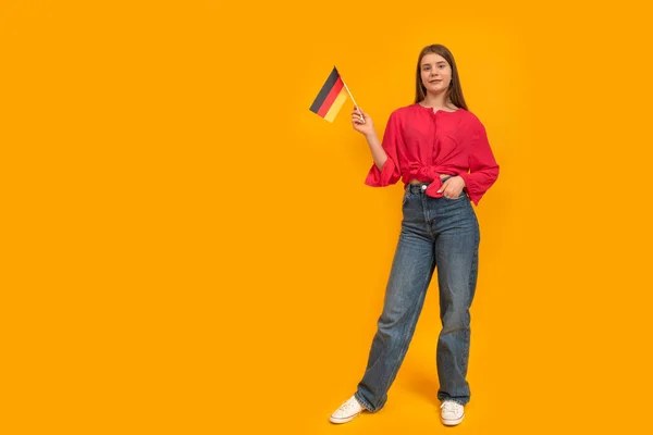 Young Woman Holding Flag Germany Learn German Schoolgirl Germany Student — Stockfoto