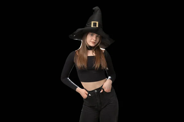 Portrait Beautiful Young Woman Witch Costume Copy Space Concept Halloween — Stock Fotó