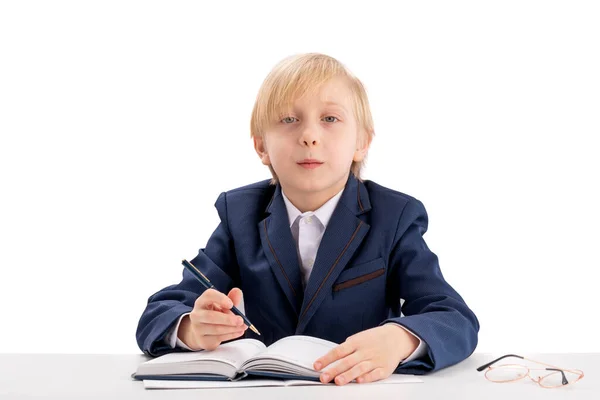 Diligent Schoolboy Sits Desk Pen Listens Attentively Teacher First Grader — Photo