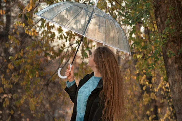 Mädchen Unter Transparentem Regenschirm Schwarzem Mantel Spazieren Durch Den Park — Stockfoto