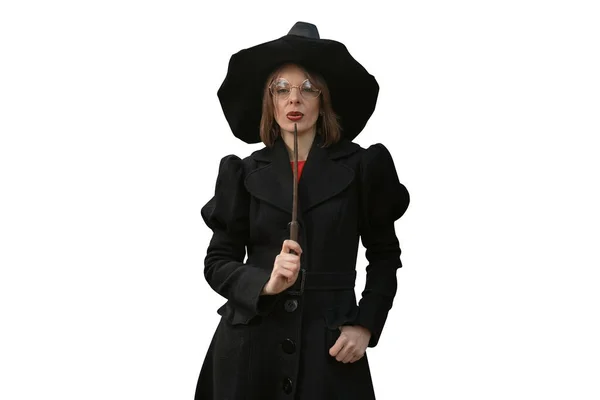 Mysterious Woman Black Hat Coat Magic Wand Celebrating Halloween Witch — Stock Photo, Image