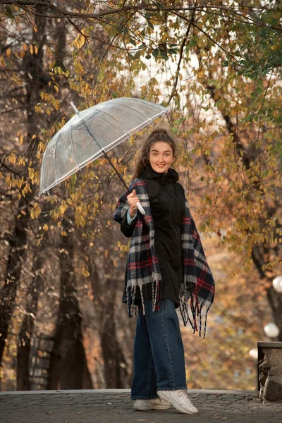 Happy beautiful girl in plaid scarf peeks out from under transparent umbrella. Young woman against yellow trees.