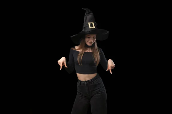 Girl Black Cloth Hat Points Fingers Teenager Image Witch Black — Stock Photo, Image