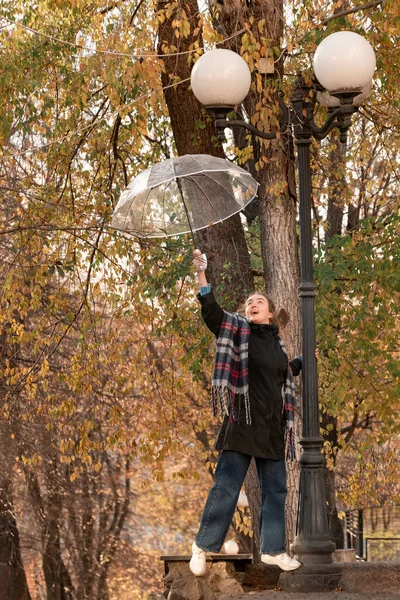 Fröhliches Mädchen Schwarzem Mantel Und Mit Wollschal Hält Regenschirm Über — Stockfoto