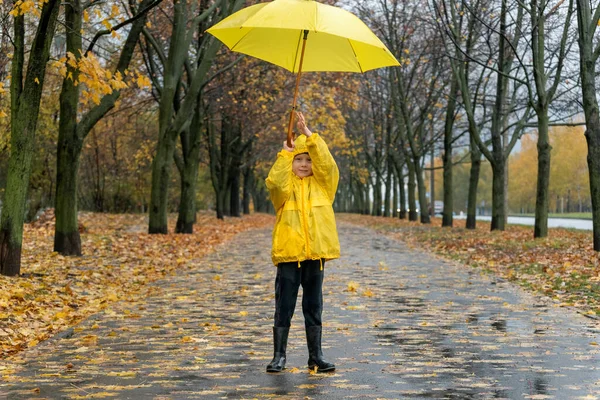 Pojken Leker Parken Med Ett Gult Paraply Barn Går Hösten — Stockfoto