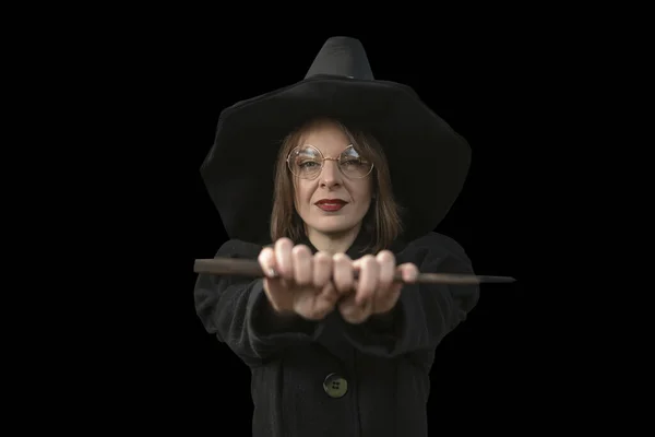 Portrait Jolie Fille Vêtements Sorcière Femme Portant Des Lunettes Chapeau — Photo