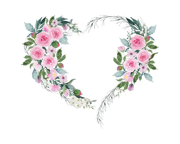Rose Fiori San Valentino Con Bordo Forma Cuore Disegno Acquerello — Foto Stock