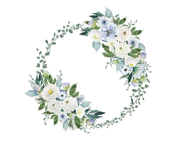 Weiße Rosen Blume Mit Grünen Blättern Kranz Aquarell Hand Zeichnen — Stockfoto