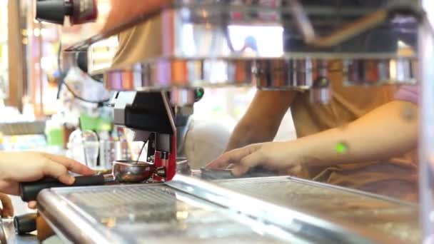 Barista Making Coffee Using Grinder Machine Coffee Shop — Stock Video