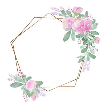 Pembe çiçekli suluboya çiçek çerçevesi - illüstrasyon el suluboya çerçeve tebrik kartı kavramı