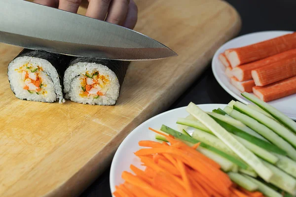 Japanese Sushi Roll Serving Oriental Restaurant Chef Preparing Japan Tradition — ストック写真