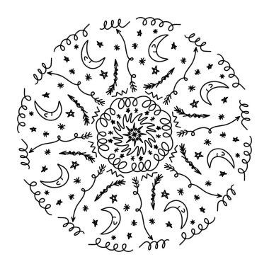 Henna, Mehndi, dövme, dekorasyon için vektör karalama dairesel mandala deseni. Etnik doğu tarzında dekoratif süs. Yetişkin ve çocuk boyama kitabı sayfası. Beyaz arkaplan simgesinde izole edildi.