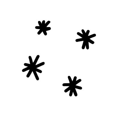 Beyaz arkaplan simgesinde izole edilmiş vektör yıldızları. Mevsimlik tasarım, tekstil, dekorasyon, çocuk oyun odaları ve tebrik kartı için hoş bir illüstrasyon. El çizimleri ve karalama kar taneleri.