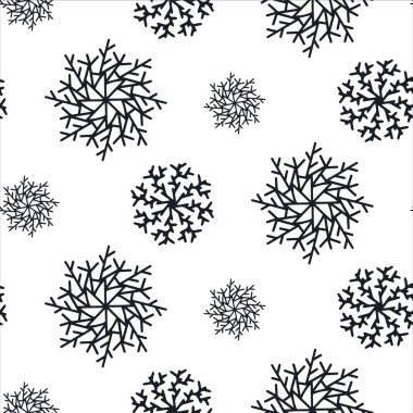 Beyaz arka planda izole kar taneleri olan şirin, pürüzsüz bir Noel deseni. Mevsimsel tasarım, tekstil, dekorasyon ve tebrik kartı için mutlu yıllar. El çizimleri ve karalama