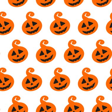 Cadılar Bayramı karalaması balkabağıyla kusursuz desenli. Sezonluk tasarım, tekstil, dekorasyon, çocuk oyun odası, ambalaj ya da tebrik kartı için şirin vektör çizimi. El çizimleri. Şaka mı şeker mi?.