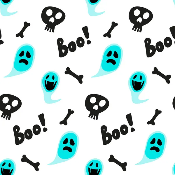 Halloween Doodle Festliche Nahtlose Muster Vektorhintergrund Mit Totenköpfen Spinnen Geistern — Stockvektor