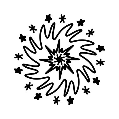 Vector doodle dairesel mandala kıvrımlı çerçeve ve yıldızlar. Tebrik kartı için etnik doğu tarzında dekoratif bir süs. Yetişkin ve çocuk boyama kitabı sayfası beyaz arkaplan simgesinde izole.