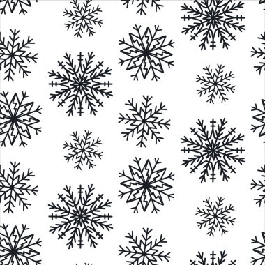 Beyaz arka planda izole kar taneleri olan şirin, pürüzsüz bir Noel deseni. Mevsimsel tasarım, tekstil, dekorasyon ve tebrik kartı için mutlu yıllar. El çizimleri ve karalama