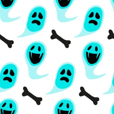 Vektör hayalet ve kemikler kusursuz desen. Beyaz arka planda izole edilmiş Cadılar Bayramı eşarbı. Mevsimlik tasarım, tekstil, dekorasyon ya da tebrik kartı için çizgi film çizimleri. El çizimleri ve karalama.