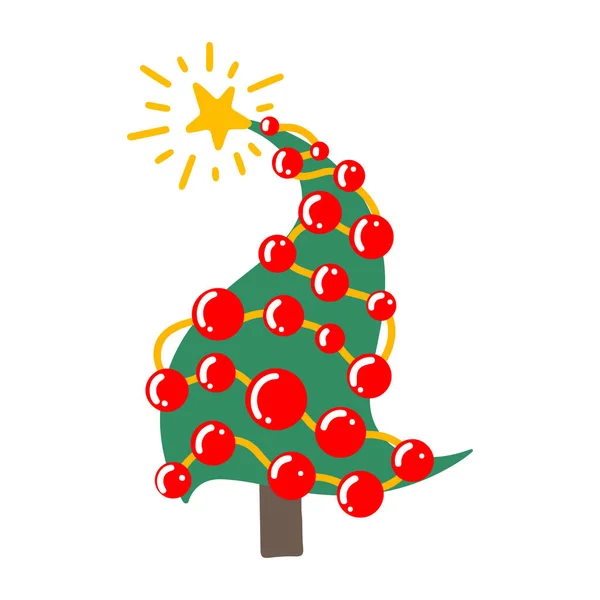 白い背景のアイコンに隔離されたベクトル手描きのクリスマスツリー 季節のデザイン テキスタイル グリーティングカードの装飾のための面白いとかわいいドアのヴィンテージイラスト 新年のガーランドとスプルース — ストックベクタ