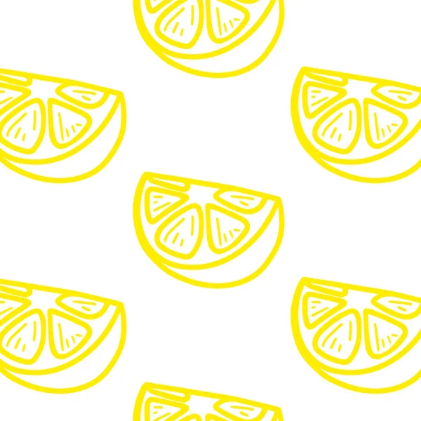 Taze limon arka planı, el çizimi ikonlar. Renkli duvar kağıdı vektörü. Taze meyve koleksiyonu olan kusursuz bir desen. Dekoratif illüstrasyon, basım için iyidir. Yazın sembolü. Doodle tarzı.