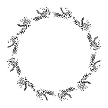 Vektör el çizilmiş çiçek çemberi çerçevesi beyaz arkaplanda izole edilmiş. Dekoratif karalama çiçek desenleri, kare çerçeve, ilkbahar, çiçekler, yaprak, bitkiler, çiçek süslemeleri, mevsimsel tasarım için çelenkler.