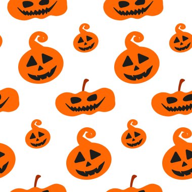 Cadılar Bayramı karalaması balkabağıyla kusursuz desenli. Sezonluk tasarım, tekstil, dekorasyon, çocuk oyun odası, ambalaj ya da tebrik kartı için şirin vektör çizimi. El çizimleri. Şaka mı şeker mi?.