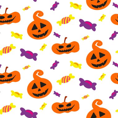 Cadılar Bayramı karalamaları kusursuz. Vektör el, balkabakları, kafatasları, yarasalar, örümcekler, hayaletler, kemikler, şekerler, örümcek ağı ve baloncuklu konuşma baloncuklarıyla sonsuz bir arkaplan çizdi. Şaka mı şeker mi?.